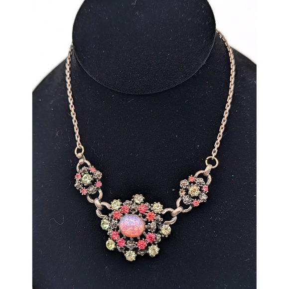 Coro Jewelry - Vintage Coro Faux Opal Rhinestone Necklace Pink Green Floral Silver Tone Retro